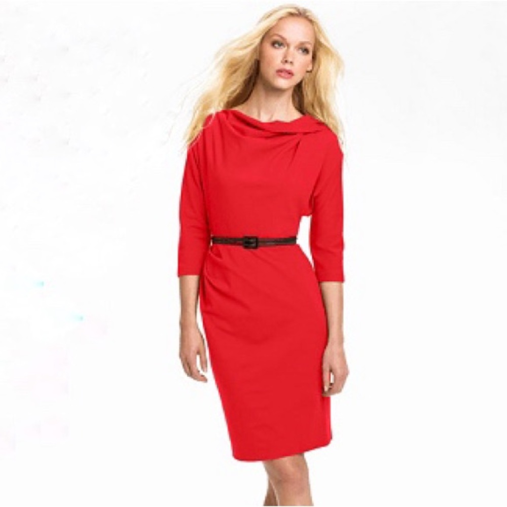 Suzi Chin Maggy London Red Dress Draped Collar Pencil Skirt Long Sleeve Cocktail